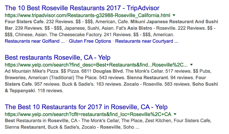 Best places to eat Google search in Roseville, California.