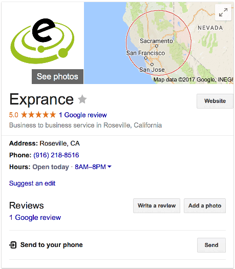 Exprance Google business listing on Google search.