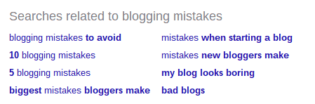 Google related search results for the search term blogging mistakes.