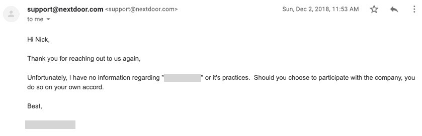 Nextdoor Support Email Ad Broker Answer