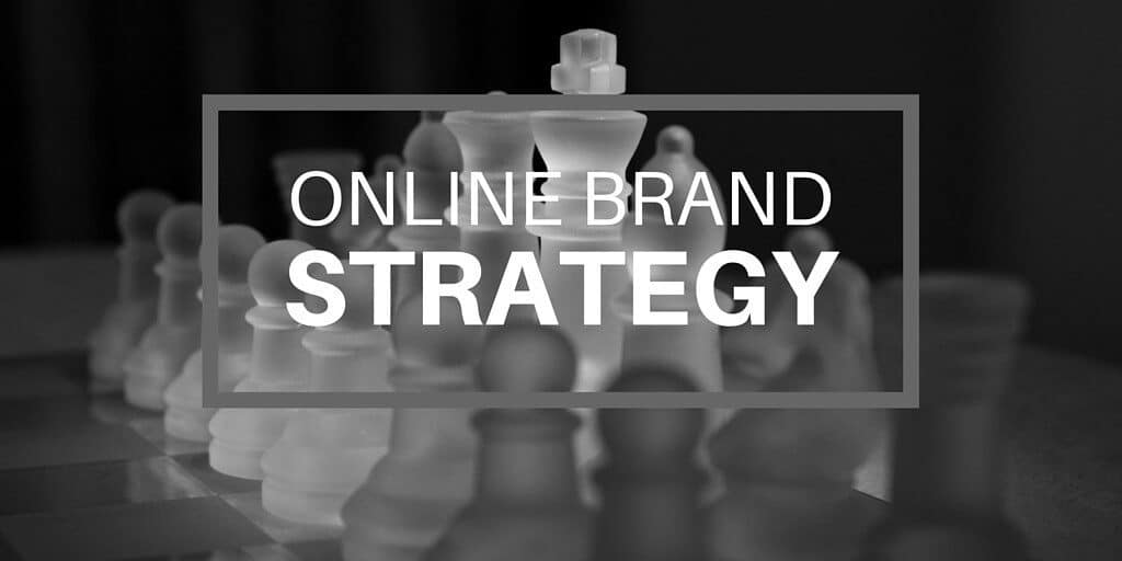 Chess pieces in the background with text overlay "Online Brand Strategy." Online brand design with content marketing.