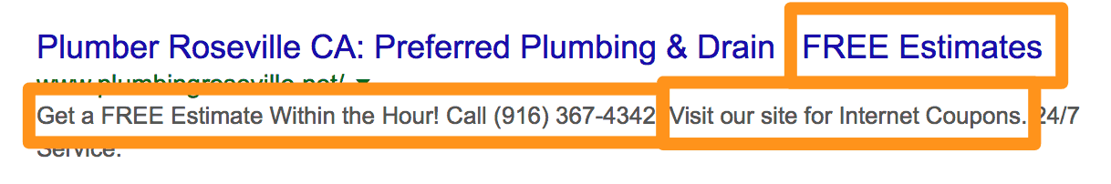 Roseville Plumber Google Search Callouts